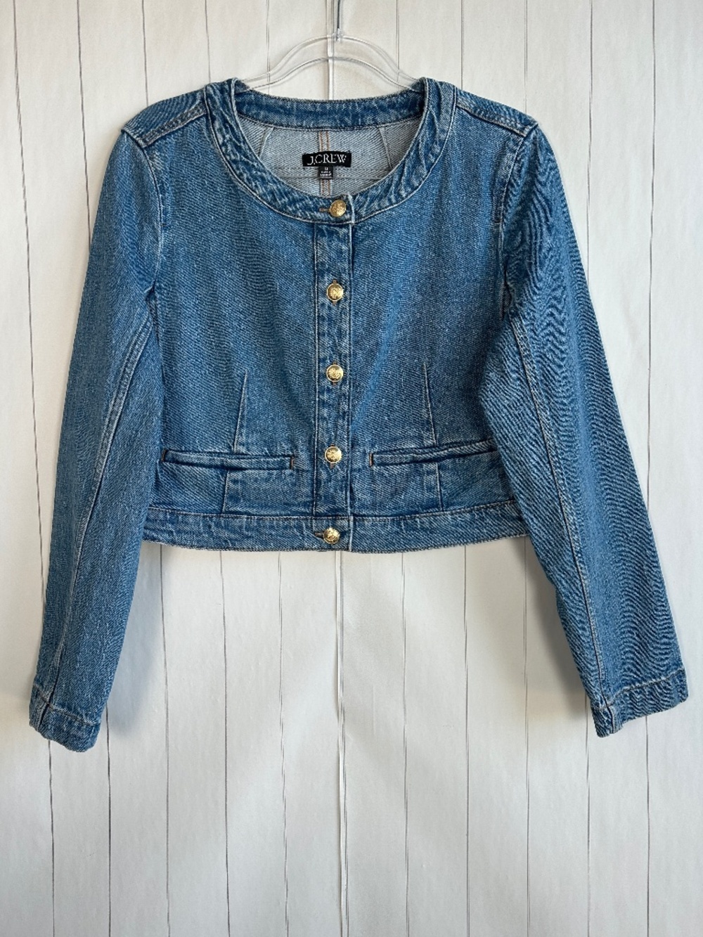 J. Crew size 12 Louisa Lady jacket denim blue collarless cropped gold buttons
